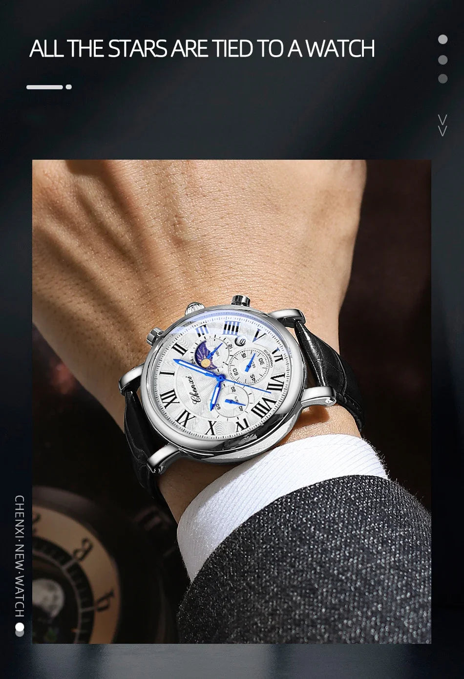 CHENXI 2024 Watches For Men Leather Strap Skeleton Quartz Sweep Second Movement Mens Watch Waterproof Chronograph Wristwatches