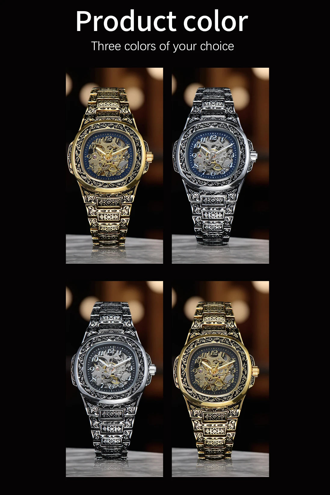 LONGLUX automatic watch for man retro mechanical wristwatches luxury alloyl waterproof skeleton mens watch men gift