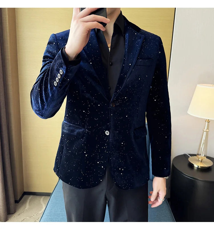 2024 Autumn New Velvet Jacket Men's Blazer Business Fashion Hot Stamping Printed Suit Jacket High-quality Luxury Dress Suit