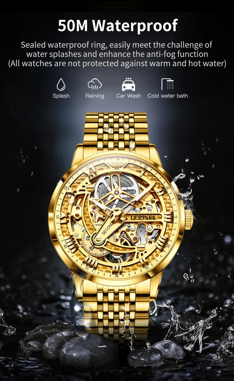 OUPINKE 3173 Luxury Gold Mechanical Watch For Men Hollow Top Brand Original Automatic Wristwatch 50M Waterproof Luminous Watches