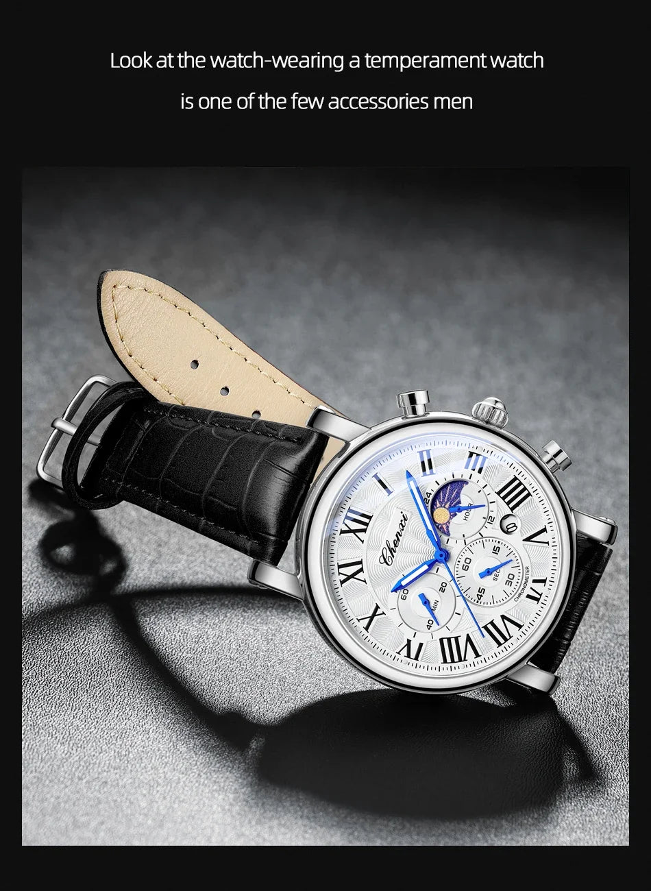 CHENXI 2024 Watches For Men Leather Strap Skeleton Quartz Sweep Second Movement Mens Watch Waterproof Chronograph Wristwatches