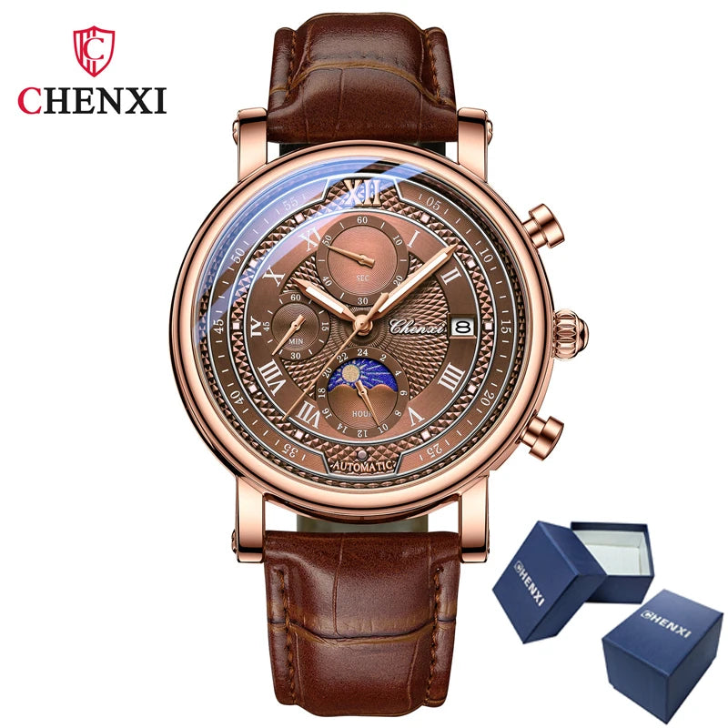 CHENXI 976 Men's Watch Leather Chronograph Date Quartz Watches Phase Moon Timing Business Luminous Wrist Watch Relojes para