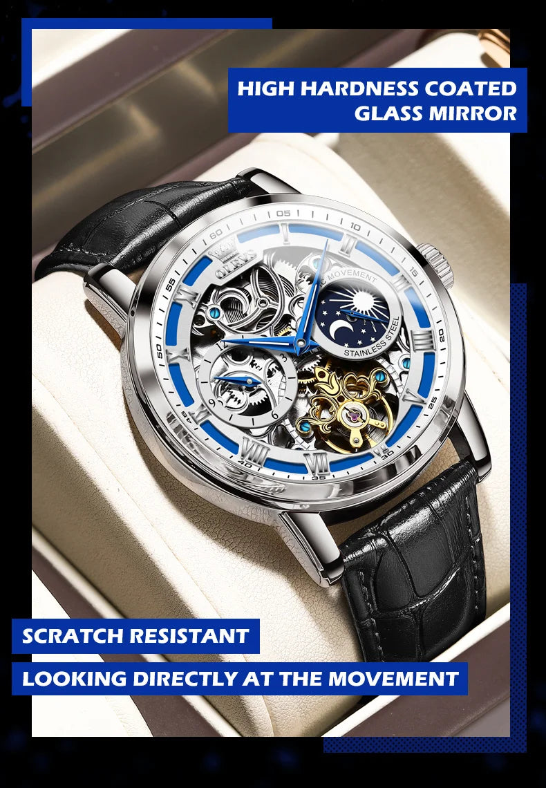 OLEVS Mens Watches Top Brand Luxury Moon Phase Tourbillon Mechanical Watch for Men Automatic Skeleton Watch Relogio Masculino