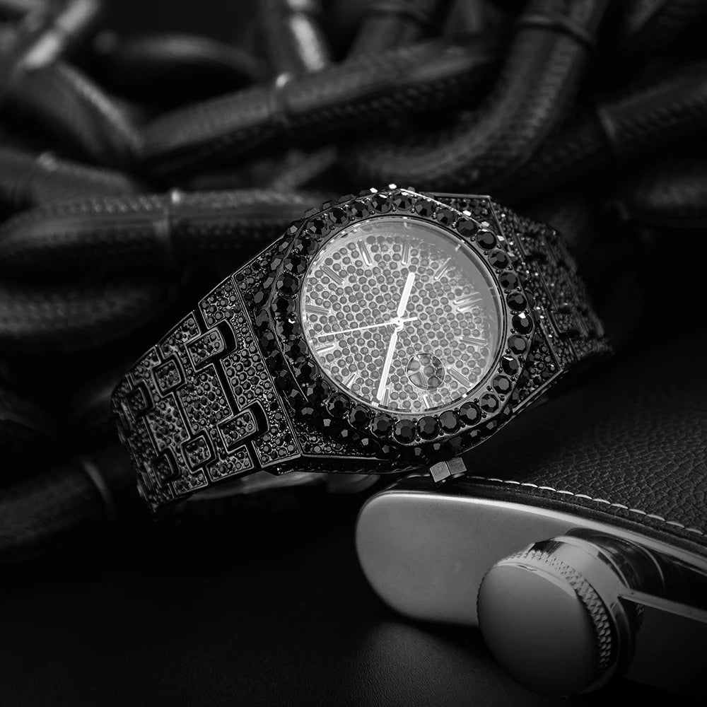 2024 New Hip Hop Mens Quartz Watch Brand MISSFOX Luxury Automatic Date Iced Out Clocks Man Fashion Green Full Diamond Wristwatch