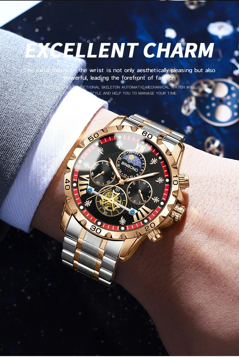BINBOND Men's Watches Young Fashion Original Quartz Watch for Man Waterproof Luminous Flywheel Chronograph Moon Phase Casual