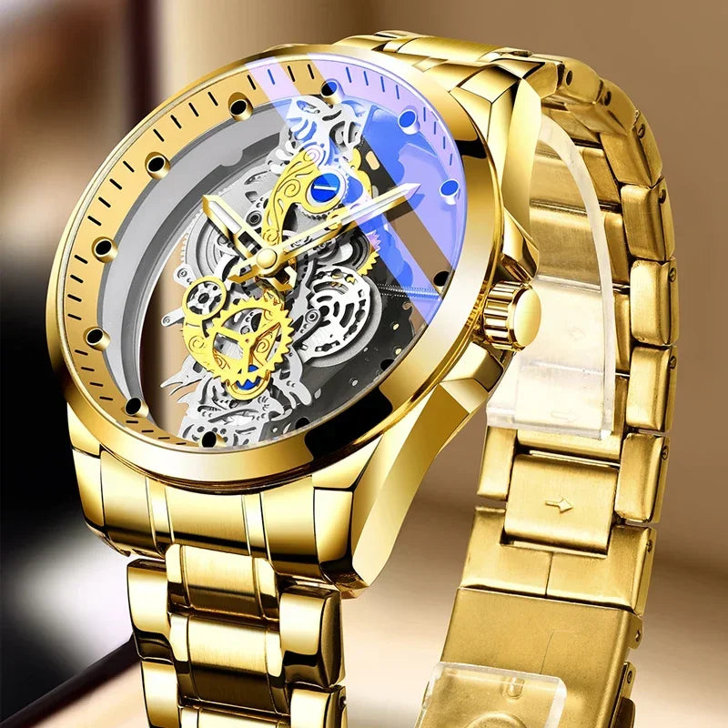 2024 New Men Watch Skeleton Quartz Wristwatch Gold Skeleton Retro Man Watch Top Brand Luxury Clock Mens Watches Reloj Hombre