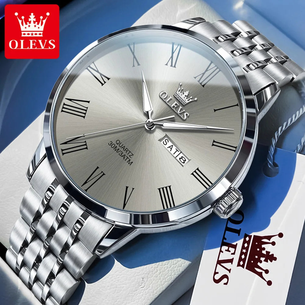 OLEVS 3633 Men's Watch Business Simply Original Quartz Watch for Man Waterproof Luminous Stainless Steel Dual Calendar Display