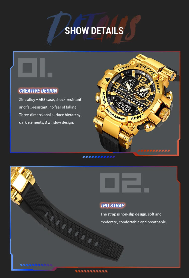 New STRYVE Watch for Men's High Quality Digital-Analog Dual Movement 5ATM Waterproof Watches Fashion Sports Men's Watch 8025