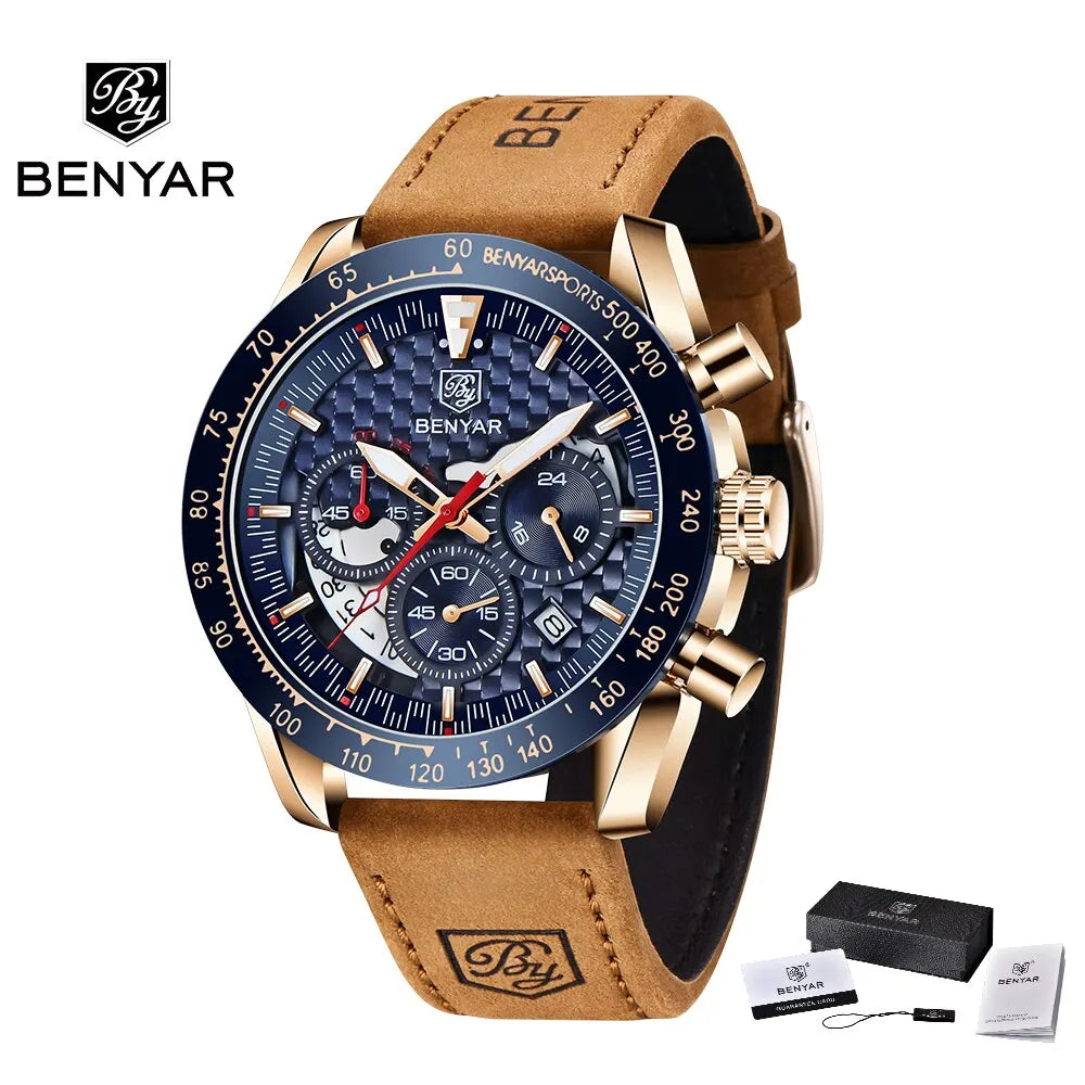 BENYAR Top Brand New Men Watches Leather Strap Luxury Waterproof Sport Quartz Chronograph Military Watch Men Clock Reloj Hombre