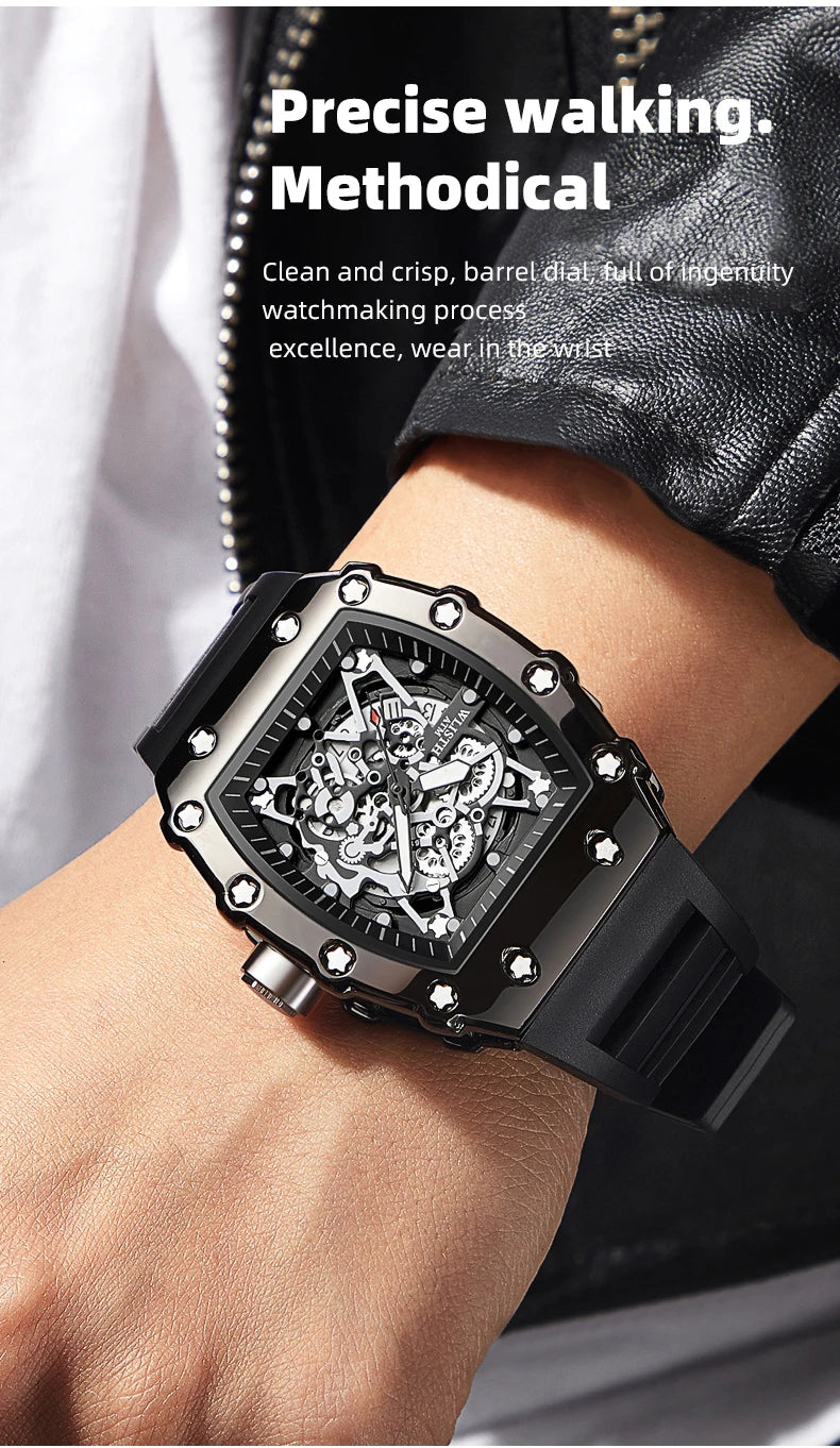 Brand Men's Watch Fashion Automatic Movement Barrel Luminous Waterproof Clock Sports Male's Silicone Strap Quartz Wristwatch New