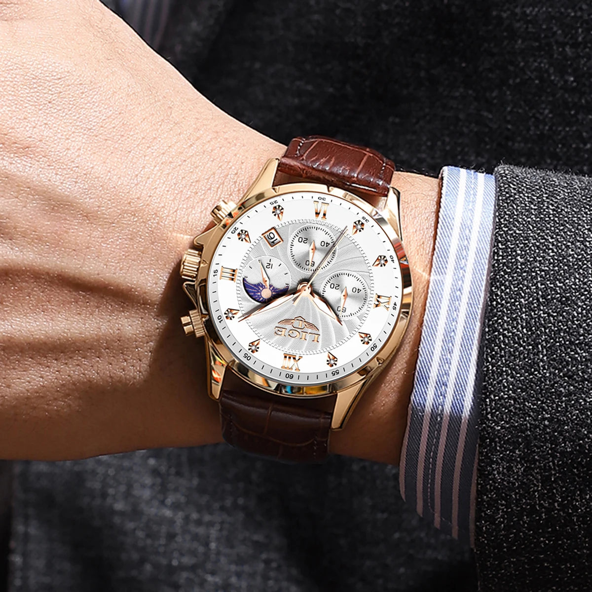 LIGE Men's Watch Luxury Business Luminous Waterproof Leather Watches Moon Phase Week Date Casual Quartz Watch Men Reloj hombre