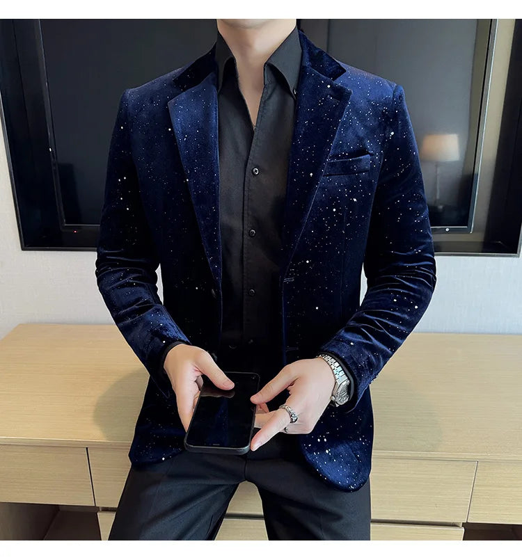 2024 Autumn New Velvet Jacket Men's Blazer Business Fashion Hot Stamping Printed Suit Jacket High-quality Luxury Dress Suit