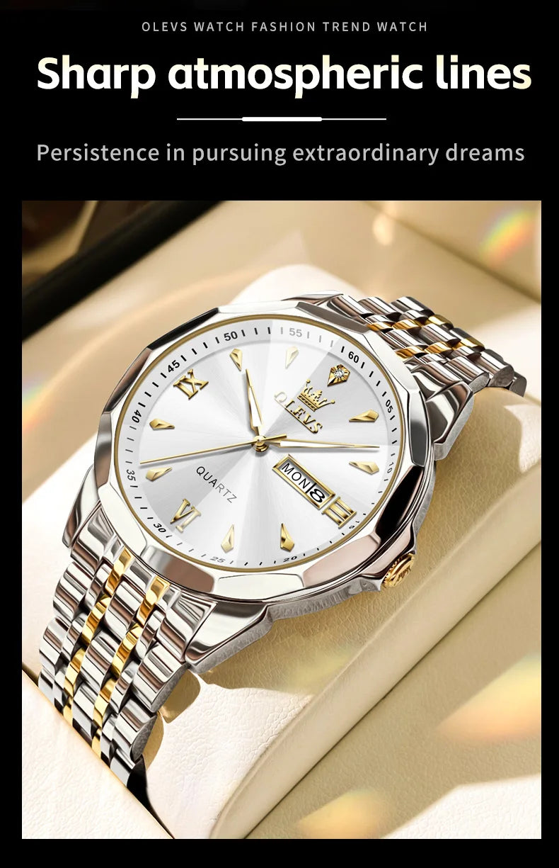 OLEVS 9998 Mens Watch Original Rhombus Mirror Quartz Mature Man Watch Waterproof Luminous Dual Calendar Display Watch For Man
