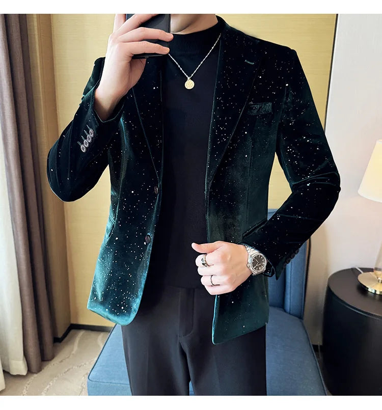 2024 Autumn New Velvet Jacket Men's Blazer Business Fashion Hot Stamping Printed Suit Jacket High-quality Luxury Dress Suit