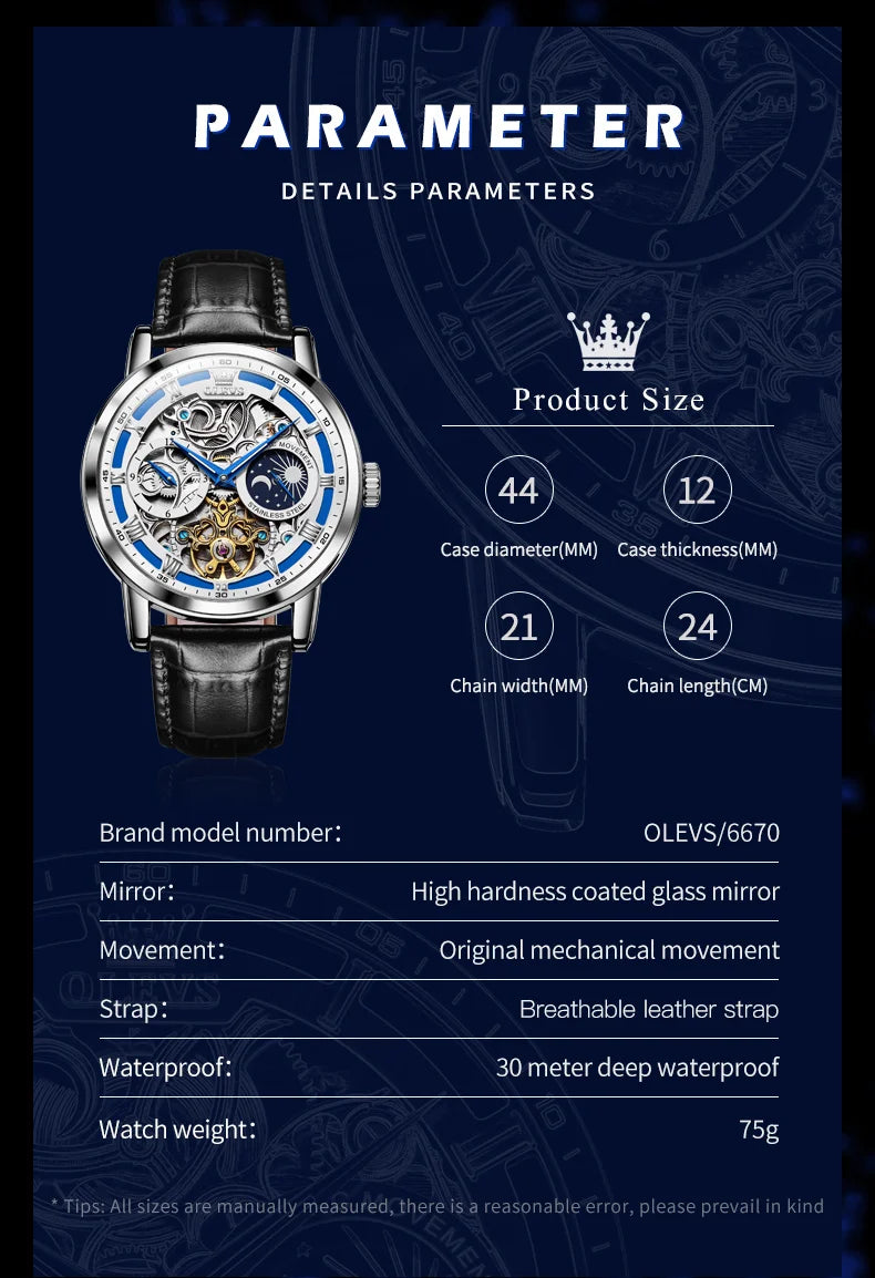 OLEVS Mens Watches Top Brand Luxury Moon Phase Tourbillon Mechanical Watch for Men Automatic Skeleton Watch Relogio Masculino