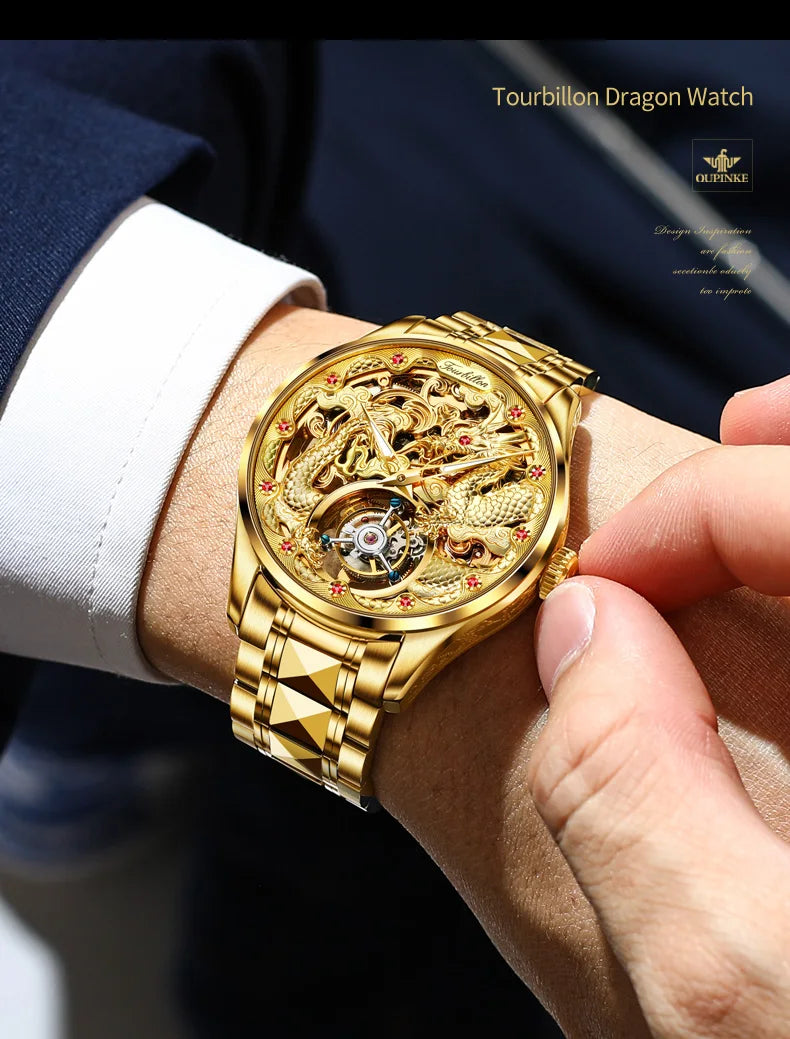 OUPINKE 3176 Luxury High end Fully Automatic Mechanical Tourbillon Watch Full Golden Dragon Dial Watch Sapphire Mirror Men Watch
