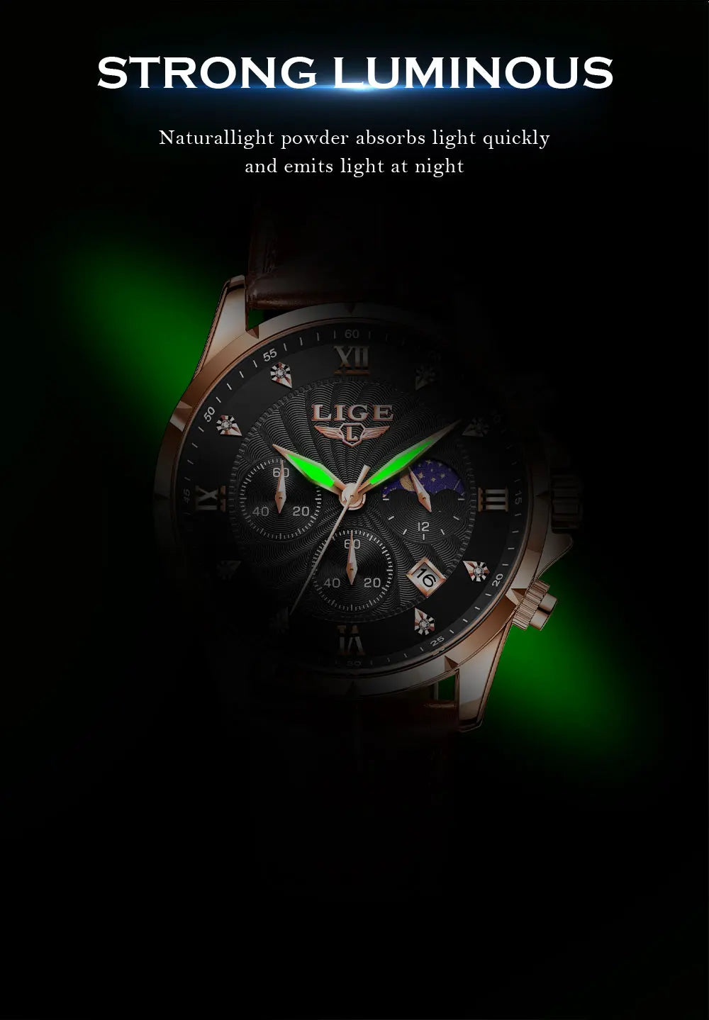 LIGE Men's Watch Luxury Business Luminous Waterproof Leather Watches Moon Phase Week Date Casual Quartz Watch Men Reloj hombre