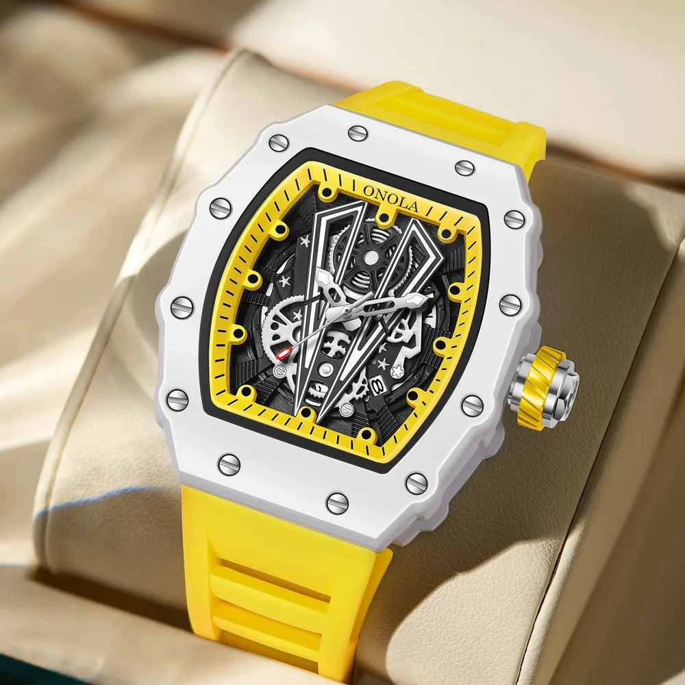 ONOLA Tonneau Mens Watch Fashion White Male Clock Luminous Calendar Water Resistant Silicone Tape Watches for Men Reloj Hombre