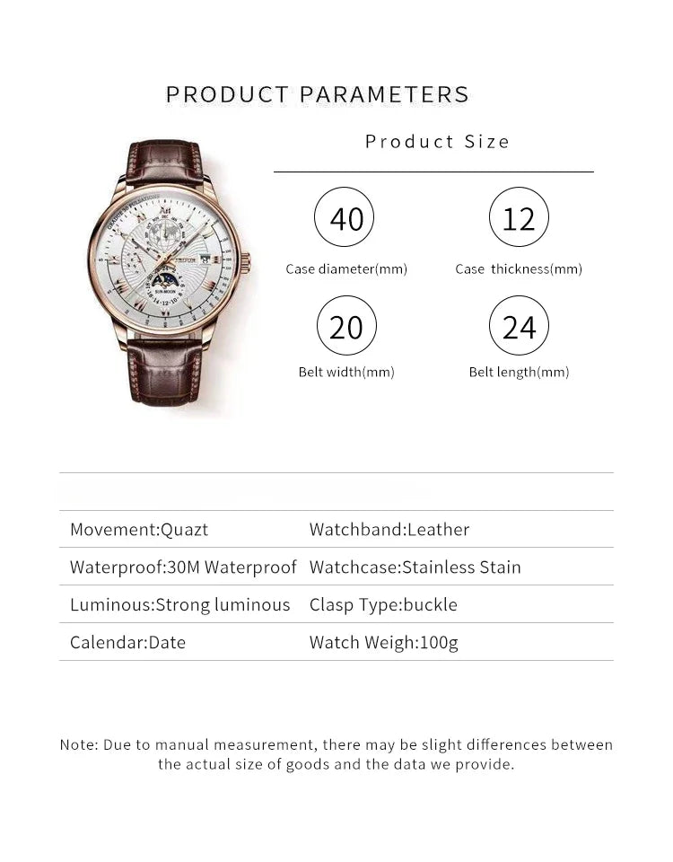 Mens Watch 2024 New Fashion Leather Waterproof Luminous Top Brand Luxury Mens Quartz Wristwatch Men Sport Casual Watches Reloj