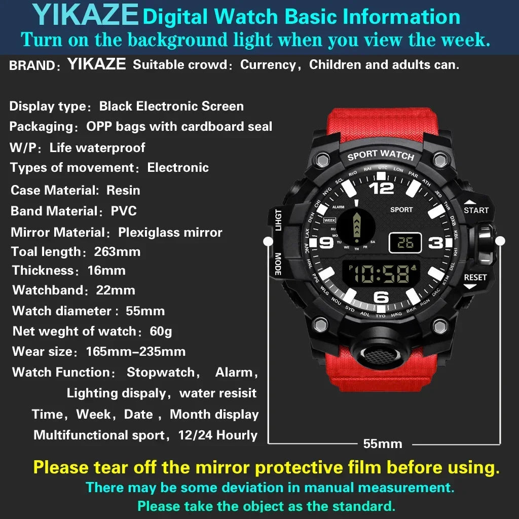 YIKAZE Y12 Men's Sports Watch Waterproof Luminous Men Sport Watch Multifunction Digital Electronic Wristwatch Clock for Boy Kids