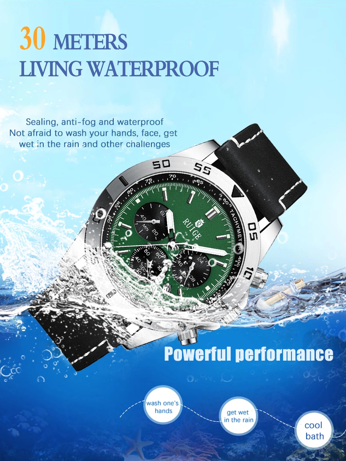 RUIGE Men's Watch Fashionable Men's Multi functional Watch Waterproof Glow Leather Strap Wrist Watch