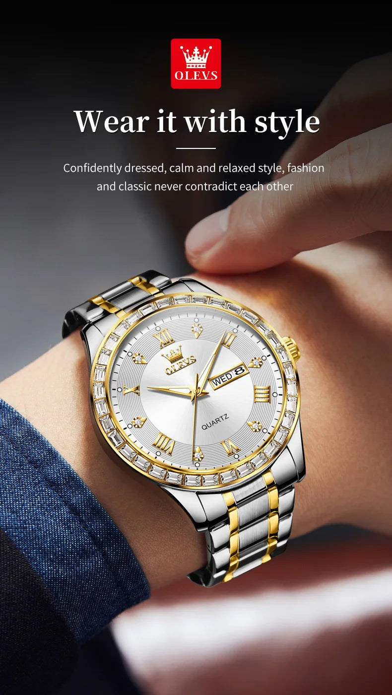 OLEVS 9906 Quartz Men's Watch Classic Fashion Men's Business Waterproof Stainless Steel Diamond dial Top Luxury Brand Men Watch