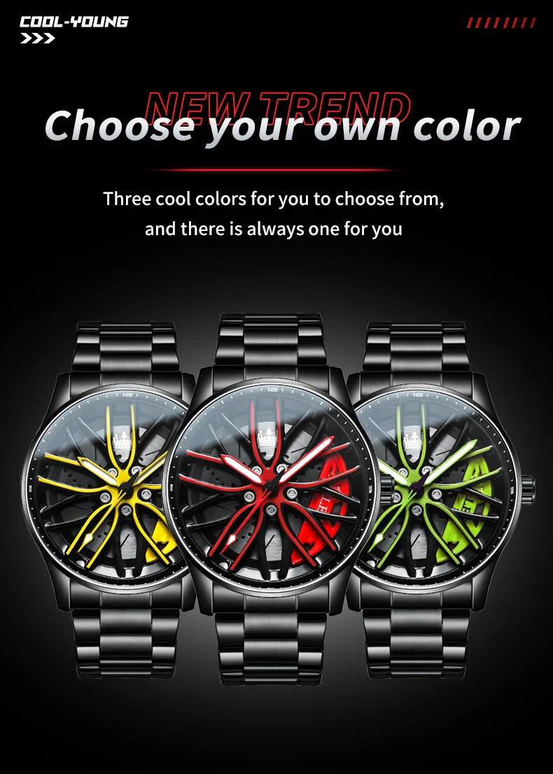OLEVS Men Quartz Watch Car Wheel Rim Hub Dial Male Wristwatch Cool Man Black Red Waterproof Watches Full Steel Relogio Masculino