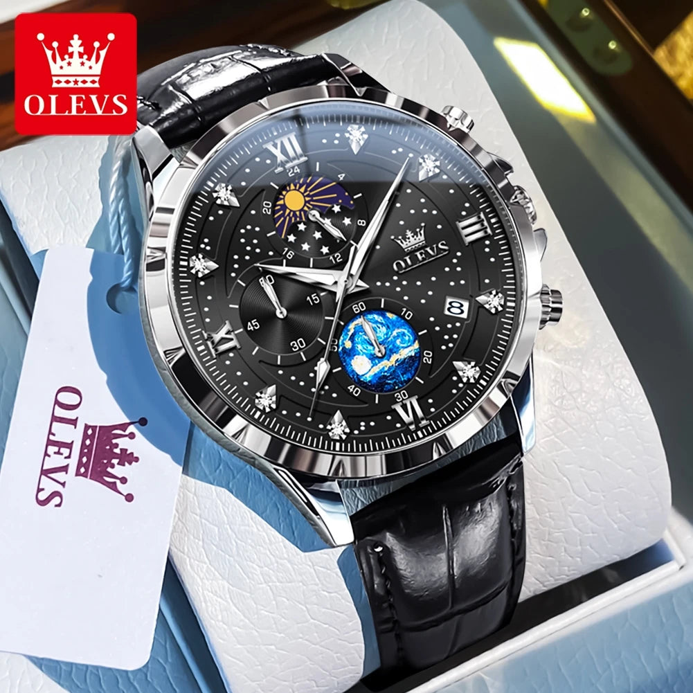 OLEVS 9807 New Man Watch Starry Sky Moon Phase Chronograph Waterproof Luminous Auto Date Hand Clock Luxury Quartz Watch for Men
