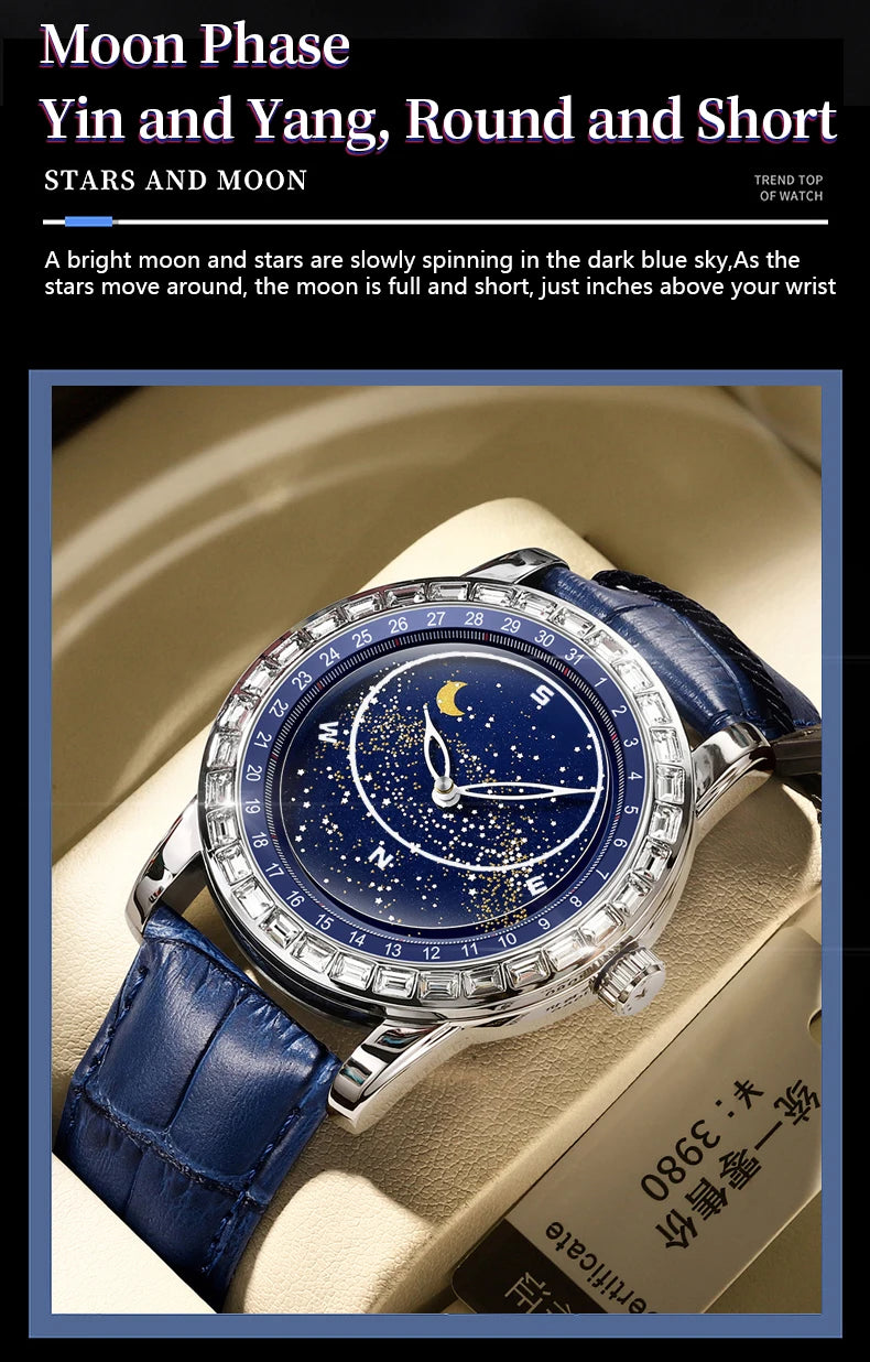 BINBOND Brand Rotating All Over The Sky Empty Diamond Men Watches Fashion Business Sun Moon Stars Waterproof Luminous Men Watch