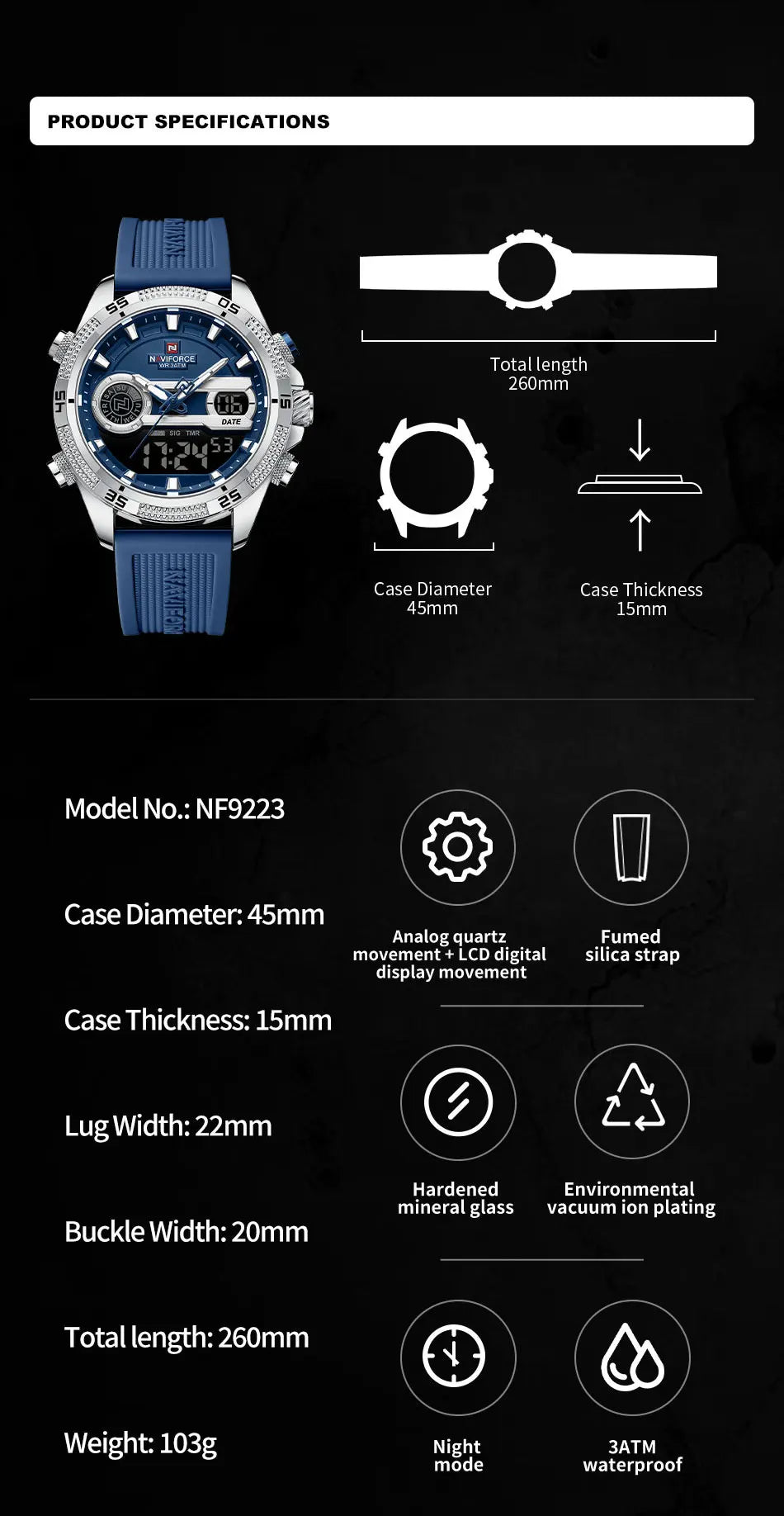 NAVIFORCE Military Sport Watches For Men Fashion Silicone Strap Waterproof Wrist watch Male Dual Display Luminous Alarm Clock