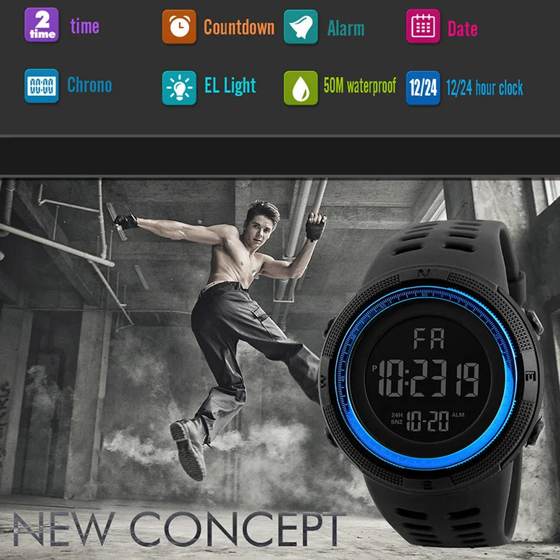 YIKAZE Men's Digital Watches Waterproof Outdoor Men Sports Watch Fitness Electronic Watch Military Sports Clock Kids Gifts