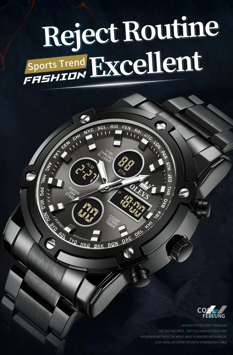 OLEVS 2024 New Mens Watches Top Brand Luxury Sport Digital Quartz Wristwatch For Men All Steel Military Waterproof Clock+Box