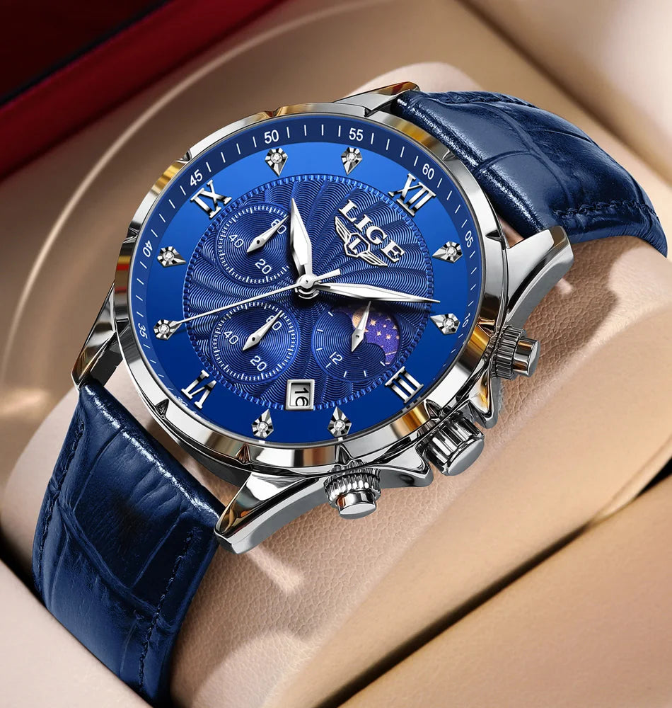 New Mens Watches LIGE Top Brand Luxury Leather Casual Quartz Watch Men's Sport Waterproof Clock Watch Relogios Masculino+Box