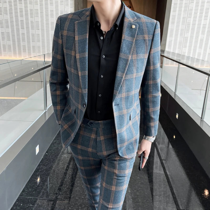 Blazers Pants Set 2 Pieces Set, 2024 Men's Business Casual Men Plaid Suit Jacket and Trousers, Asian Size M-5XL