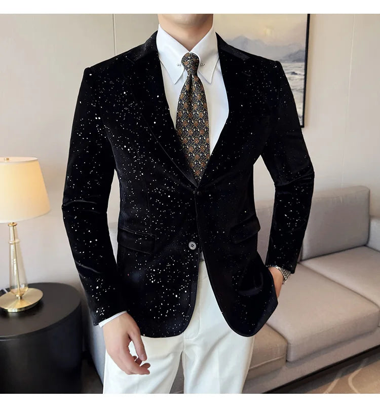 2024 Autumn New Velvet Jacket Men's Blazer Business Fashion Hot Stamping Printed Suit Jacket High-quality Luxury Dress Suit