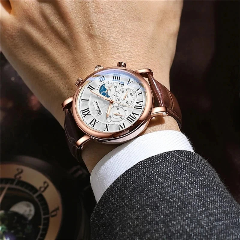 CHENXI 973 Men's Wristwatch Multi-functional Business Watch Moon Phase Date Waterproof Rome Dial Leather Quartz Watches for Man
