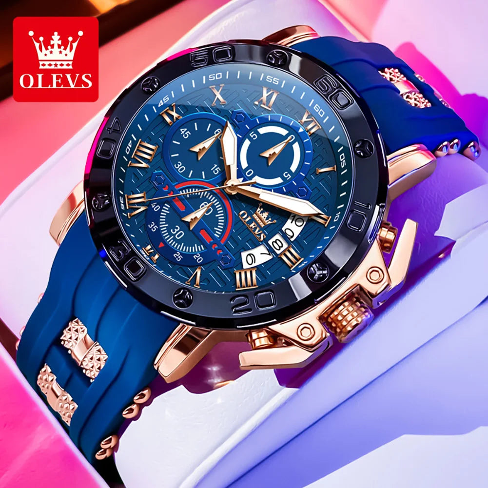 OLEVS 9986 Men Watch Silicone Strap Sports Multi functional Waterproof Luminous Timing Code Watch Luxury Brand Men Quartz Watch
