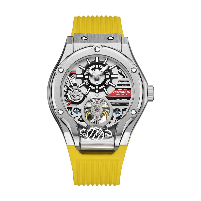 HANBORO Car Design Mechanic Watch Luxury Men Watches Mechanical Wristwatches Earth Skeleton Flywheel Watch Orologio Uomo