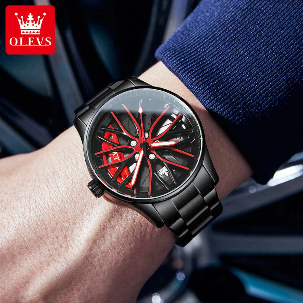 OLEVS Men Quartz Watch Car Wheel Rim Hub Dial Male Wristwatch Cool Man Black Red Waterproof Watches Full Steel Relogio Masculino