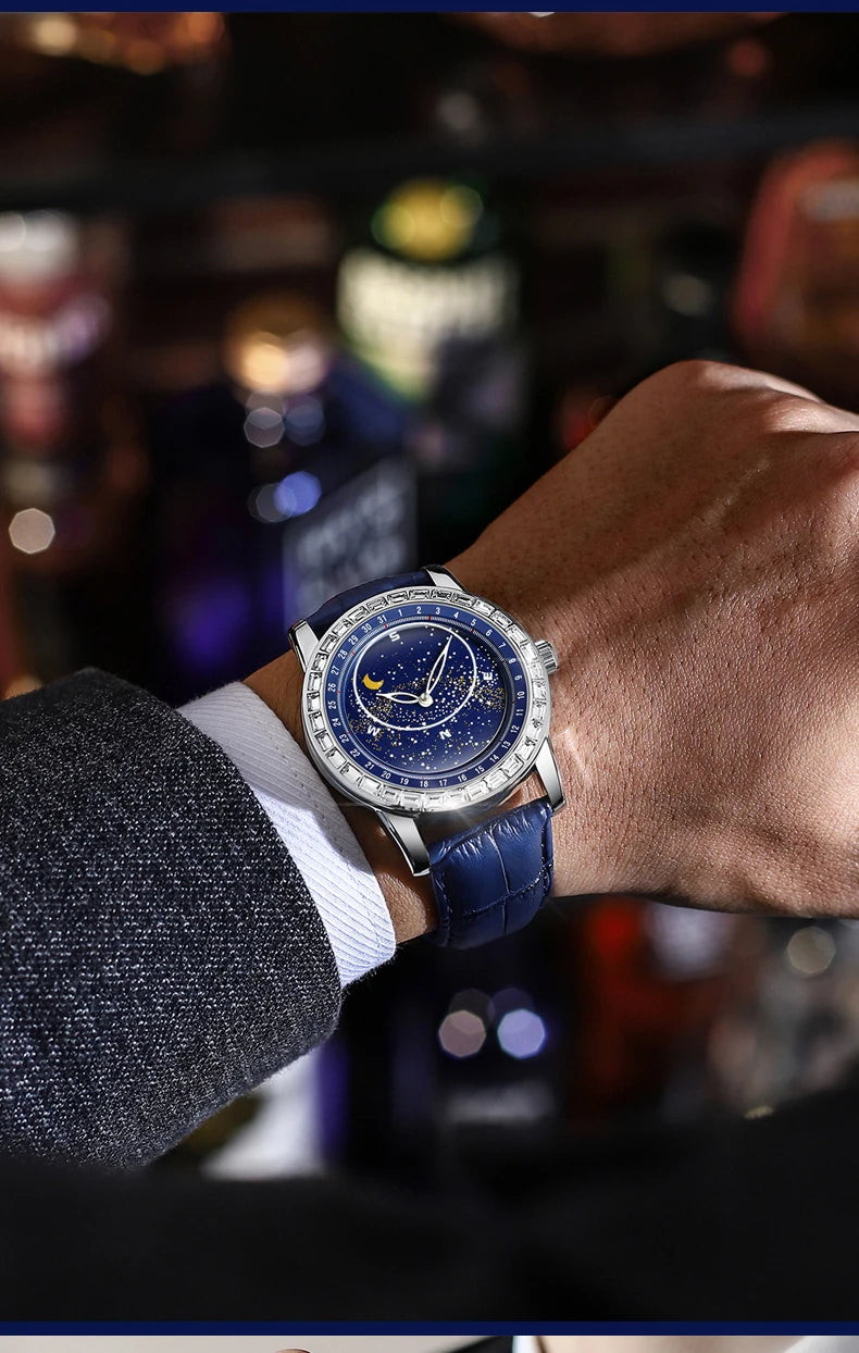 BINBOND Brand Rotating All Over The Sky Empty Diamond Men Watches Fashion Business Sun Moon Stars Waterproof Luminous Men Watch