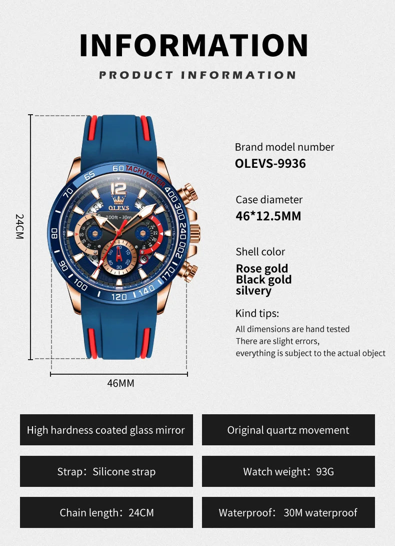 OLEVS 9936 Silicone Strap Multi-function Men Wristwatch, Waterproof Quartz Sport Watch For Men Luminous Chronograph Calendar