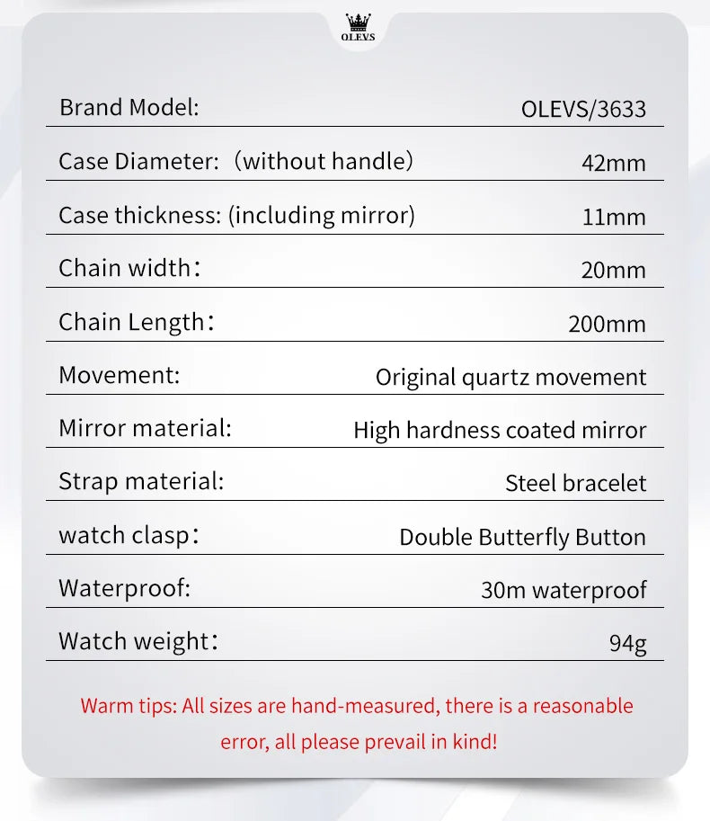 OLEVS 3633 Men's Watch Business Simply Original Quartz Watch for Man Waterproof Luminous Stainless Steel Dual Calendar Display