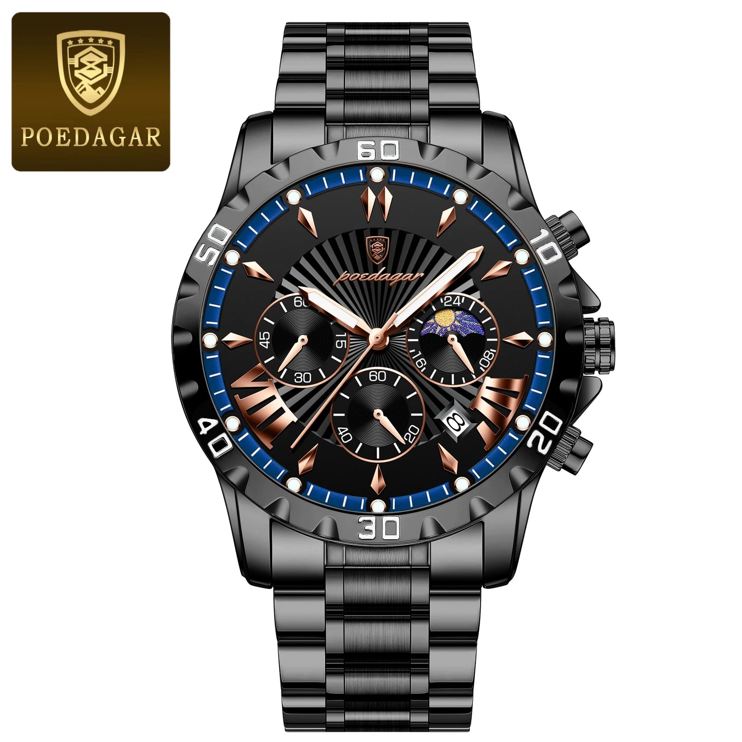 POEDAGAR Luxury High Quality Watch for Man Waterproof Luminous Chronograph Date Men Watch Stainless Steel Quartz Men's Watches