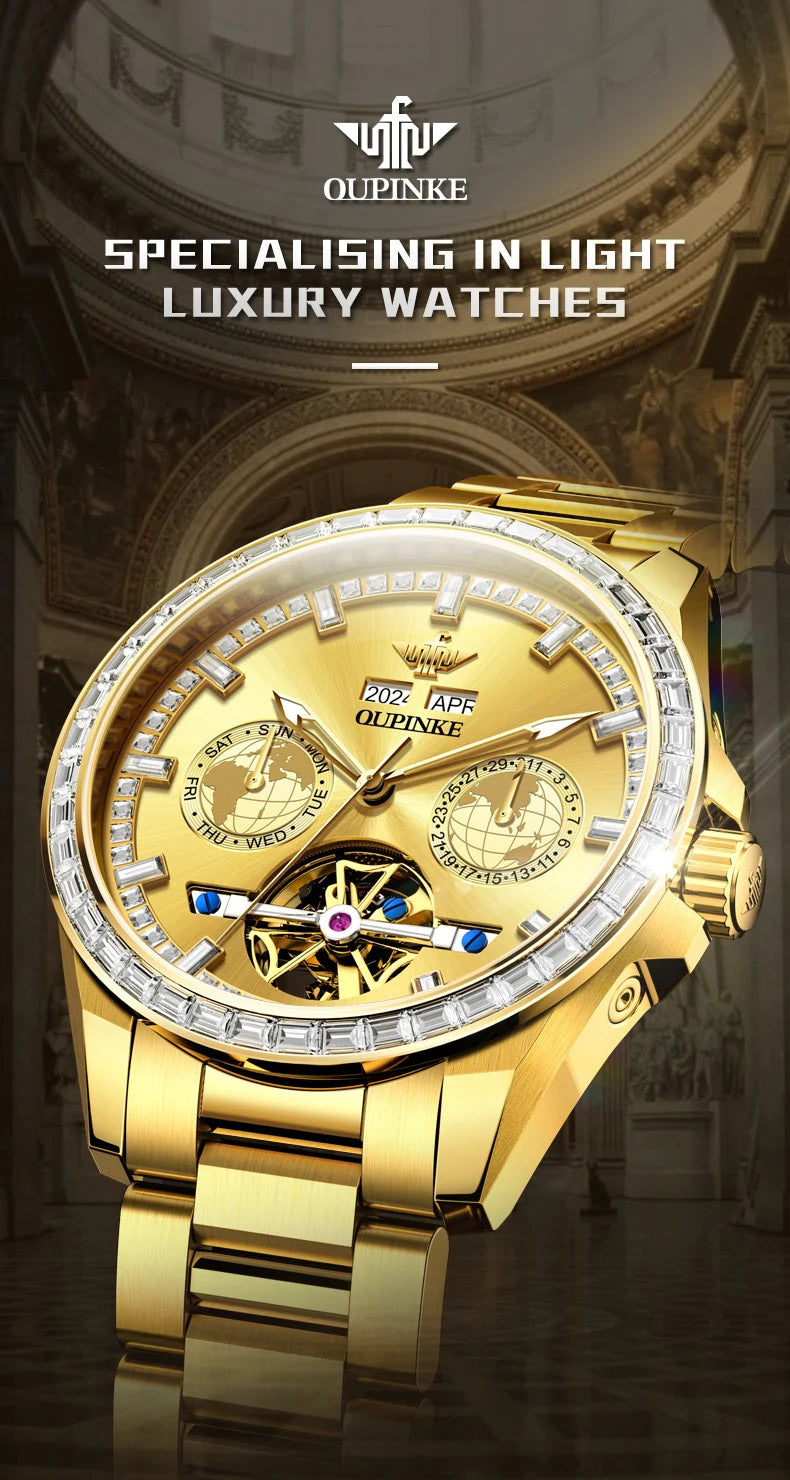 OUPINKE 3280 Mechanical Watch for Men Luxury Full Diamond Flywheel Skeleton Gold Stainless steel Date Automatic Men's Watch