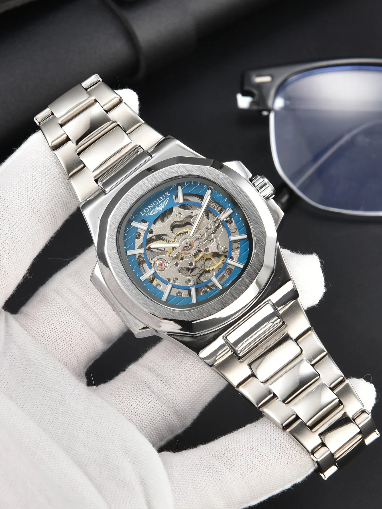 LONGLUX automatic man watch luxury wholesale mechanical wristwatches stainless steel skeleton waterproof mens watch men gift