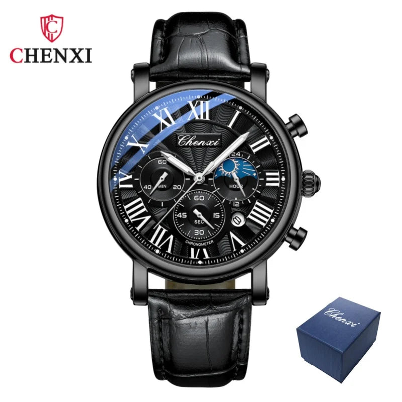 CHENXI 973 Men's Wristwatch Multi-functional Business Watch Moon Phase Date Waterproof Rome Dial Leather Quartz Watches for Man