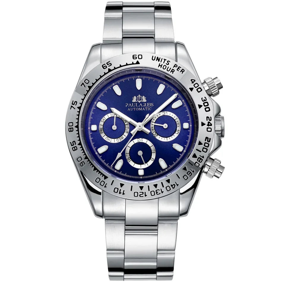 Automatic Watches Self Wind Mechanical Gold Stainless Steel Glacier Ice Blue Dial Chestnut Brown Bezel Luminous Men Watch