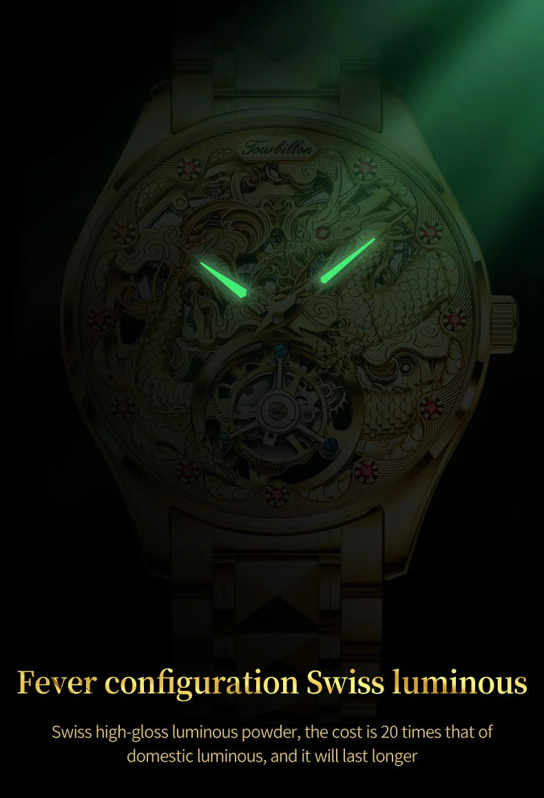 OUPINKE 3176 Luxury High end Fully Automatic Mechanical Tourbillon Watch Full Golden Dragon Dial Watch Sapphire Mirror Men Watch