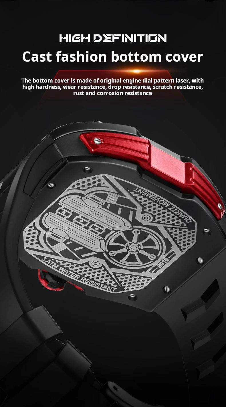 Engine Surface Design Quartz Watch for Men Original Top Brand Rubber strap Waterproof Luminous Date Men's Quartz Watch reloj