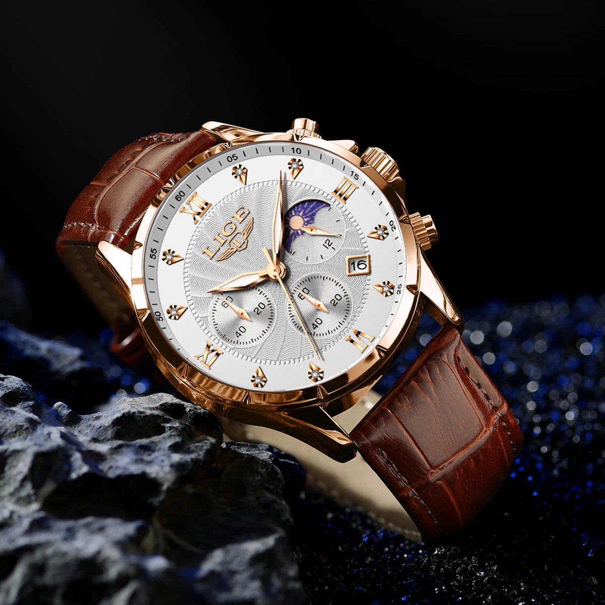 LIGE Men's Watch Luxury Business Luminous Waterproof Leather Watches Moon Phase Week Date Casual Quartz Watch Men Reloj hombre
